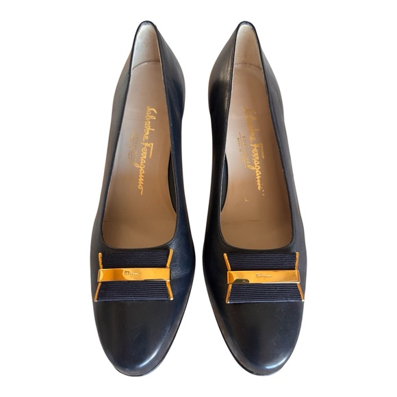 Salvatore Ferragamo Shoes - Vintage Salvatore Ferragamo Navy w Gold detail heels Sz 8.5 EUC